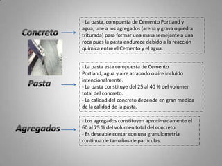 - La pasta, compuesta de Cemento Portland y agua, une a los agregados (arena y grava o piedra triturada) para formar una masa semejante a una roca pues la pasta endurece debido a la reacción química entre el Cemento y el agua.Concreto- La pasta esta compuesta de Cemento Portland, agua y aire atrapado o aire incluido intencionalmente. - La pasta constituye del 25 al 40 % del volumen total del concreto. - La calidad del concreto depende en gran medida de la calidad de la pasta.Pasta- Los agregados constituyen aproximadamente el 60 al 75 % del volumen total del concreto. - Es deseable contar con una granulometría continua de tamaños de partículas.Agregados
