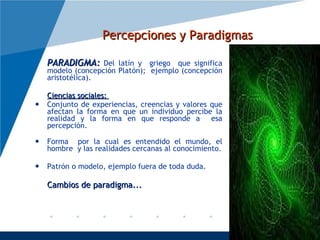 Percepciones y Paradigmas PARADIGMA:  Del latín y  griego  que significa modelo (concepción Platón);  ejemplo (concepción aristotélica). Ciencias sociales:  Conjunto de experiencias, creencias y valores que afectan la forma en que un individuo percibe la realidad y la forma en que responde a  esa percepción. Forma  por la cual es entendido el mundo, el hombre  y las realidades cercanas al conocimiento. Patrón o modelo, ejemplo fuera de toda duda. Cambios de paradigma... 