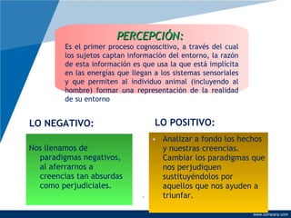 LO NEGATIVO: Nos llenamos de paradigmas negativos, al aferrarnos a creencias tan absurdas como perjudiciales. LO POSITIVO: Analizar a fondo los hechos y nuestras creencias. Cambiar los paradigmas que nos perjudiquen sustituyéndolos por aquellos que nos ayuden a triunfar. PERCEPCIÓN:   Es el primer proceso cognoscitivo, a través del cual los sujetos captan información del entorno, la razón de esta información es que usa la que está implícita en las energías que llegan a los sistemas sensoriales y que permiten al individuo animal (incluyendo al hombre) formar una representación de la realidad de su entorno  