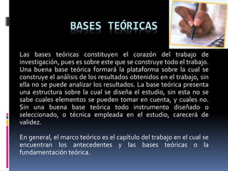 BASES TEÓRICAS
Las Bases Teóricas, constituyen el grupo de conceptos y/o
constructos que representan un enfoque determinad...