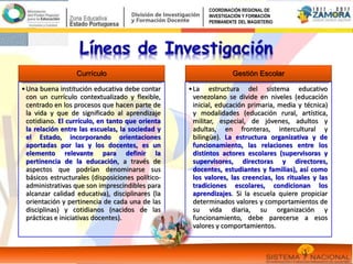 Currículo
•Una buena institución educativa debe contar
con un currículo contextualizado y flexible,
centrado en los procesos que hacen parte de
la vida y que de significado al aprendizaje
cotidiano. El currículo, en tanto que orienta
la relación entre las escuelas, la sociedad y
el Estado, incorporando orientaciones
aportadas por las y los docentes, es un
elemento relevante para definir la
pertinencia de la educación, a través de
aspectos que podrían denominarse sus
básicos estructurales (disposiciones político-
administrativas que son imprescindibles para
alcanzar calidad educativa), disciplinares (la
orientación y pertinencia de cada una de las
disciplinas) y cotidianos (nacidos de las
prácticas e iniciativas docentes).
Gestión Escolar
•La estructura del sistema educativo
venezolano se divide en niveles (educación
inicial, educación primaria, media y técnica)
y modalidades (educación rural, artística,
militar, especial, de jóvenes, adultos y
adultas, en fronteras, intercultural y
bilingüe). La estructura organizativa y de
funcionamiento, las relaciones entre los
distintos actores escolares (supervisoras y
supervisores, directoras y directores,
docentes, estudiantes y familias), así como
los valores, las creencias, los rituales y las
tradiciones escolares, condicionan los
aprendizajes. Si la escuela quiere propiciar
determinados valores y comportamientos de
su vida diaria, su organización y
funcionamiento, debe parecerse a esos
valores y comportamientos.
COORDINACIÓN REGIONAL DE
INVESTIGACIÓN Y FORMACIÓN
PERMANENTE DEL MAGISTERIO
 