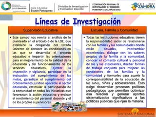 Supervisión Educativa
• Este campo nos remite al análisis de lo
planteado en el artículo 6 de la LOE, que
establece la obligación del Estado
Docente de conocer las condiciones en
las que se desarrolla el proceso
educativo e impartir las orientaciones
para el mejoramiento de la calidad de la
educación y del funcionamiento de los
servicios educativos, ejercer la
inspección y vigilancia, participar en la
evaluación del cumplimiento de las
metas, garantizar el cumplimiento del
ordenamiento jurídico aplicable al sector
educación, estimular la participación de
la comunidad en todas las iniciativas que
favorezcan la acción educativa y evaluar
el rendimiento del personal docente y el
de los propios supervisores.
Escuela, Familia y Comunidad
• Todas las instituciones educativas tienen
la responsabilidad social de relacionarse
con las familias y las comunidades donde
están situadas, intercambiar
experiencias, dialogar con los saberes
propios de la familia y la comunidad,
conocer el contexto cultural y personal
de los y las estudiantes, diseñar formas
de trabajo conjunto para mejorar las
condiciones de las familias y la
comunidad y formarles para asumir la
corresponsabilidad de la educación de
los niños, niñas y adolescentes. Esto
exige desarrollar procesos políticos
pedagógicos que permitan optimizar
esa relación y generar aportes
sistematizados significativos a las
políticas públicas que rijan la materia.
COORDINACIÓN REGIONAL DE
INVESTIGACIÓN Y FORMACIÓN
PERMANENTE DEL MAGISTERIO
 