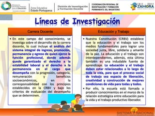 Carrera Docente
• En este campo del conocimiento, se
investiga sobre el desarrollo de la carrera
docente, lo cual incluye el análisis del
sistema integral de ingreso, promoción,
permanencia y egreso de quien ejerce la
función profesional, donde además
quede garantizado el derecho a la
estabilidad laboral y el derecho a la
permanencia en el cargo que
desempeña con la progresión, categoría,
remuneración y beneficios
socioeconómicos, en la
corresponsabilidad con los principios
establecidos en la CRBV y bajo los
criterios de evaluación del desempeño
que se determinen.
Educación y Trabajo
• Nuestra Constitución (CRBV) establece
que la educación y el trabajo son los
medios fundamentales para lograr una
sociedad justa, libre, solidaria y amante
de la paz. La educación y el trabajo son
interdependientes, además, esta última
también es una indudable fuente de
aprendizaje. La educación y el trabajo
deben estar relacionados a lo largo de
toda la vida, para que el proceso social
de trabajo sea espacio de liberación,
creatividad y construcción de mejores
condiciones de vida para todas y todos.
• Por ello, la escuela está llamada a
producir conocimientos en el marco de la
relación estratégica entre educación para
la vida y el trabajo productivo liberador.
COORDINACIÓN REGIONAL DE
INVESTIGACIÓN Y FORMACIÓN
PERMANENTE DEL MAGISTERIO
 