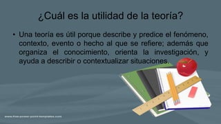 ¿Cuál es la utilidad de la teoría?
• Una teoría es útil porque describe y predice el fenómeno,
contexto, evento o hecho al que se refiere; además que
organiza el conocimiento, orienta la investigación, y
ayuda a describir o contextualizar situaciones.
 