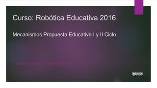 Curso: Robótica Educativa 2016
Mecanismos Propuesta Educativa I y II Ciclo
NOMBRE: YORLENY LEON CHAVARRÍA
 