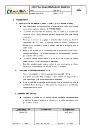 CONSTRUCCIÓN DE MUROS CON GAVIONES
MBM
PIERINAÁrea: Versión:01
Código:PETS – E - 001 Página 6 de 11
ELABORADO POR REVISADO POR APROBADO POR
Milton Palacios Hidalgo
Supervisor HSE
Prospero Zarzosa Catire
Gerente General
FECHA: 31 – 01 - 2017 FECHA: 14 – 02 - 2017 FECHA: 14 – 02 - 2017
9. PROCEDIMIENTO
9.1. PREPARACIÓN DE MATERIAL PARA LLENADO (PARTICIÓN DE ROCAS)
 Para esta actividad el equipo específico de seguridad es la careta (debe cumplir
o exceder los requisitos aplicables de ANSI Z87.1-2003)
 La partición se hace entre dos personas, una con barreta y el segundo con
comba de 25 lbs, ambos alejados del resto del personal para evitar riesgos
innecesarios.
 Antes que el combero de un golpe, el ayudante deberá alejarse una distancia
considerable (10 mts aprox.) y voltearse dando la espalda, esperando la
llamada de su compañero, el cual le indicará para que se acerque y parta la
piedra rajada.
 Antes de dar el golpe, no es conveniente tomar mucho impulso con la comba,
recuerde que la fuerza del impacto depende más de la seguridad y precisión
que se ejerce sobre la comba.
 La partición deberá hacerse hasta un punto en el que el resto de obreros
puedan cargar y no haya problemas de sobrepeso.
 Dejar bien apilada la piedra para su traslado al punto en el que se va a llenar
los gaviones. Generalmente este traslado se hace en carretilla.
9.2 TRASLADO DE PIEDRA CON CARRETILLA
 Para un sólo cargador, lo máximo que debe cargar es de 25 – 30 kg.
 Si la piedra supera los 30kg, el carguío se debe realizar con apoyo de otro u
otros trabajadores y de ser necesario inclinar la carretilla.
 Si se ha inclinado la carretilla para el carguío, para el momento de subir la
carretilla la fuerza de empuje la debe realizar los trabajadores, la carretilla sólo
cumple la función de apoyo.
9.3. LLENADO DEL GAVION
 Previamente al armado de los gaviones deberá prepararse convenientemente
la superficie de asiento donde ira la estructura, en lo posible se debe procurar
que este bien nivelada.
 