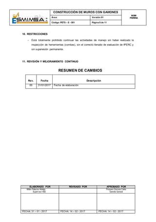 CONSTRUCCIÓN DE MUROS CON GAVIONES
MBM
PIERINAÁrea: Versión:01
Código:PETS – E - 001 Página 9 de 11
ELABORADO POR REVISADO POR APROBADO POR
Milton Palacios Hidalgo
Supervisor HSE
Prospero Zarzosa Catire
Gerente General
FECHA: 31 – 01 - 2017 FECHA: 14 – 02 - 2017 FECHA: 14 – 02 - 2017
10. RESTRICCIONES
- Está totalmente prohibido continuar las actividades de manejo sin haber realizado la
inspección de herramientas (combas), sin el correcto llenado de evaluación de IPERC y
sin supervisión permanente.
11. REVISIÓN Y MEJORAMIENTO CONTINUO
RESUMEN DE CAMBIOS
Rev. Fecha Descripción
00 31/01/2017 Fecha de elaboración
 