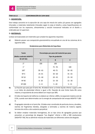 67 Ministerio de Obras Publicas y Comunicaciones - 1ra Edición2011
ÍTEM 10.3.2 CONFORMACIÓN DE CAPA BASE
1.- DESCRIPCIÓN.
Este trabajo consistirá en la ejecución de una capa de mezcla de suelos y/o gravas con agregados
triturados o materiales totalmente triturados según lo exija el diseño y estas Especificaciones en
conformidad con los espesores, alineamientos y sección transversal indicados en el diseño u
ordenados por el supervisor.
2.- MATERIALES.
La base será ejecutada con materiales que cumplan los siguientes requisitos:
a) Deberán poseer una composición granulométrica encuadrada en una de las columnas de la
siguiente tabla.
Gradaciones para Materiales de Capa Base
Tamiz
(Malla cuadrada AASHTO
M-147-65)
Porcentajes por peso del material que pasa
Tipo de gradación
A B C
2"
1"
3/8"
Nº 4
Nº 10
Nº 40
Nº 200
100
-
30 - 65
25 -55
15 - 40
8 - 20
2 – 8
100
75 - 95
40 -75
30 - 60
20 - 45
15 - 30
5 - 20
-
100
50 - 85
35 - 65
25 - 50
15 - 30
5 - 15
b) La fracción que pasa por el tamiz No. 40 deberá tener un límite líquido inferior o igual a 25%
y un índice de plasticidad inferior o igual a 6%. Pasando de este límite hasta 8% como
máximo, el equivalente de arena deberá ser mayor que 30%.
c) El índice de Soporte de California no deberá ser inferior a 80% y la expansión máxima será de
0.5%, cuando sean determinados con la energía de compactación del ensayo AASHTO T-180-
D.
d) El agregado retenido en el tamiz No. 10 debe estar constituido de partículas duras y durables,
exentas de fragmentos blandos, alargados o laminados y exentos de materia vegetal,
terrones de arcilla u otra sustancia perjudicial.
e) Se deben emplear materiales homogéneos, de un tipo único de agregados gruesos que
presenten un porcentaje de desgaste "Los Ángeles" inferior a 50% a 500 revoluciones
(AASHTO T-96). No se admitirán mezclas de materiales con diferentes valores de desgaste.
 