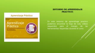 ENTORNO DE APRENDIZAJE
PRACTICO:
En este entorno de aprendizaje practico
podemos encontrar la hoja de ruta, videos
requeridos para el manejo de las
herramientas requeridas durante el curso.
 