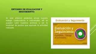 ENTORNO DE EVALUACION Y
SEGUIMIENTO:
En este entorno podemos enviar nuestro
trabajo colaborativos e individuales, allí se
pueden subir nuestros archivos y ver la
totalidad de puntos que equivale la actividad
realizada.
 
