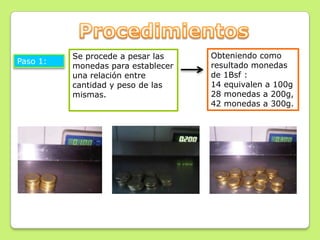 Se procede a pesar las    Obteniendo como
Paso 1:                             resultado monedas
          monedas para establecer
          una relación entre        de 1Bsf :
          cantidad y peso de las    14 equivalen a 100g
          mismas.                   28 monedas a 200g,
                                    42 monedas a 300g.
 