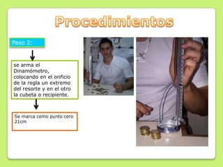 Paso 2:


se arma el
Dinamómetro,
colocando en el orificio
de la regla un extremo
del resorte y en el otro
la cubeta o recipiente.



Se marca como punto cero
21cm
 