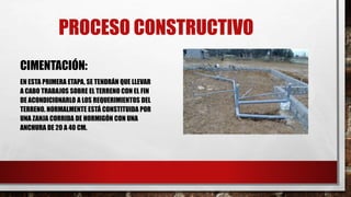 PROCESO CONSTRUCTIVO
CIMENTACIÓN:
EN ESTA PRIMERA ETAPA, SE TENDRÁN QUE LLEVAR
A CABO TRABAJOS SOBRE EL TERRENO CON EL FIN
DE ACONDICIONARLO A LOS REQUERIMIENTOS DEL
TERRENO. NORMALMENTE ESTÁ CONSTITUIDA POR
UNA ZANJA CORRIDA DE HORMIGÓN CON UNA
ANCHURA DE 20 A 40 CM.
 