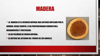 MADERA
• LA MADERA ES EL RECURSO NATURAL MAS ANTIGUO EMPLEADO POREL
HOMBRE, DESDE SIEMPRE, LE HA PROPORCIONADO COMBUSTIBLE,
HERRAMIENTAS Y PROTECCION.
• EN UN POLIMERO DE ORIGEN NATURAL.
• SE OBTIENE DEL INTERIOR DEL TRONCO DE LOS ARBOLES.
 