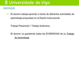 El alumno trabaja-aprende a través de diferentes actividades de aprendizaje propuestas en el Diseño Instruccional:  Trabajo Presencial + Trabajo Autónomo.  El alumno va guardando todas las EVIDENCIAS de su  Trabajo de Aprendizaje RECOGER 