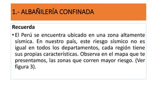 Recuerda
• El Perú se encuentra ubicado en una zona altamente
sísmica. En nuestro país, este riesgo sísmico no es
igual en todos los departamentos, cada región tiene
sus propias características. Observa en el mapa que te
presentamos, las zonas que corren mayor riesgo. (Ver
figura 3).
1.- ALBAÑILERÍA CONFINADA
 