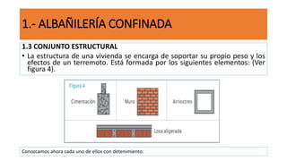 1.3 CONJUNTO ESTRUCTURAL
• La estructura de una vivienda se encarga de soportar su propio peso y los
efectos de un terremoto. Está formada por los siguientes elementos: (Ver
figura 4).
1.- ALBAÑILERÍA CONFINADA
Conozcamos ahora cada uno de ellos con detenimiento:
 