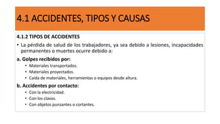 4.1 ACCIDENTES, TIPOS Y CAUSAS
4.1.2 TIPOS DE ACCIDENTES
• La pérdida de salud de los trabajadores, ya sea debido a lesiones, incapacidades
permanentes o muertes ocurre debido a:
a. Golpes recibidos por:
• Materiales transportados.
• Materiales proyectados.
• Caída de materiales, herramientas o equipos desde altura.
b. Accidentes por contacto:
• Con la electricidad.
• Con los clavos.
• Con objetos punzantes o cortantes.
 