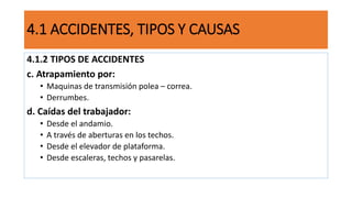 4.1 ACCIDENTES, TIPOS Y CAUSAS
4.1.2 TIPOS DE ACCIDENTES
c. Atrapamiento por:
• Maquinas de transmisión polea – correa.
• Derrumbes.
d. Caídas del trabajador:
• Desde el andamio.
• A través de aberturas en los techos.
• Desde el elevador de plataforma.
• Desde escaleras, techos y pasarelas.
 
