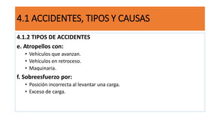 4.1 ACCIDENTES, TIPOS Y CAUSAS
4.1.2 TIPOS DE ACCIDENTES
e. Atropellos con:
• Vehículos que avanzan.
• Vehículos en retroceso.
• Maquinaria.
f. Sobreesfuerzo por:
• Posición incorrecta al levantar una carga.
• Exceso de carga.
 