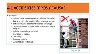 4.1 ACCIDENTES, TIPOS Y CAUSAS
• Ejemplos:
• Trabajar sobre una escalera inestable (Ver figura 74).
• Usar arnés sin estar enganchado a un punto seguro.
• Distracción (falta de concentración en tu trabajo).
• Cargar materiales, equipos y herramientas en forma
insegura.
• Trabajar en estado de ebriedad.
• Bromas en el trabajo.
• Cansancio.
• Desconocimiento.
• Malos hábitos de trabajo.
 