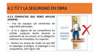 4.2 TÚ Y LA SEGURIDAD EN OBRA
4.2.5 CONDUCTAS QUE DEBES APLICAR
SIEMPRE:
• - Usa los equipos y/o elementos de
seguridad adecuados.
• - Si tú o alguno de tus compañeros ha
sufrido cualquier lesión durante la
realización de sus tareas, es tu obligación
informar de inmediato a tu superior.
• - Realiza tus tareas de modo tal que NO
te expongas al peligro, ni expongas a tus
compañeros. (Ver figura 76).
 