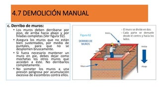4.7 DEMOLICIÓN MANUAL
c. Derribo de muros:
• Los muros deben derribarse por
piso, de arriba hacia abajo y por
hiladas completas (Ver figura 92).
• Asegura los muros que no están
bien sustentados, por medio de
puntales, para que no se
desplomen bruscamente.
• Si fuera necesario mantener un
muro en pie, debes dejar como
mochetas los otros muros que
acceden a éste. No derribarlos
completamente.
• No someter los muros a una
presión peligrosa por acumulación
excesiva de escombros contra ellos.
 