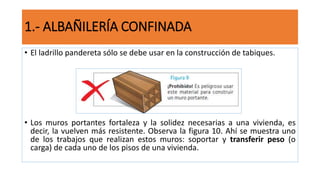 • El ladrillo pandereta sólo se debe usar en la construcción de tabiques.
• Los muros portantes fortaleza y la solidez necesarias a una vivienda, es
decir, la vuelven más resistente. Observa la figura 10. Ahí se muestra uno
de los trabajos que realizan estos muros: soportar y transferir peso (o
carga) de cada uno de los pisos de una vivienda.
1.- ALBAÑILERÍA CONFINADA
 