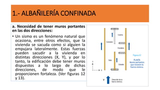 a. Necesidad de tener muros portantes
en las dos direcciones:
• Un sismo es un fenómeno natural que
ocasiona, entre otros efectos, que la
vivienda se sacuda como si alguien la
empujara lateralmente. Estas fuerzas
pueden sacudir a la vivienda en
distintas direcciones (X, Y), y por lo
tanto, la edificación debe tener muros
dispuestos a lo largo de dichas
direcciones, de modo que le
proporcionen fortaleza. (Ver figuras 12
y 13).
1.- ALBAÑILERÍA CONFINADA
 
