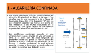 • Los muros portantes trabajan principalmente en
dirección longitudinal, es decir, a lo largo. Esto
significa que en una casa como la de la figura 12,
los muros dispuestos en la dirección “ Y”, son los
que deberán soportar las fuerzas del sismo en
esa dirección; y los muros dispuestos en la
dirección “X”, (Ver figura 13) son los que deberán
soportar la fuerza sísmica de esta dirección.
• Los problemas comienzan cuando en una
vivienda hay escasos muros en una dirección u
otra, o si éstos son de poca longitud. De
presentarse esta falla grave, las fuerzas del sismo
pueden ocasionar la rajadura y el colapso de los
muros. El diseño estructural de una vivienda
permite conocer si los muros serán de cabeza o
de soga y la longitud que deberán tener.
1.- ALBAÑILERÍA CONFINADA
 