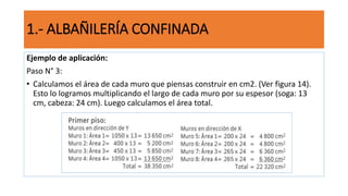 Ejemplo de aplicación:
Paso N° 3:
• Calculamos el área de cada muro que piensas construir en cm2. (Ver figura 14).
Esto lo logramos multiplicando el largo de cada muro por su espesor (soga: 13
cm, cabeza: 24 cm). Luego calculamos el área total.
1.- ALBAÑILERÍA CONFINADA
 