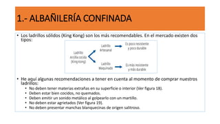 1.- ALBAÑILERÍA CONFINADA
• Los ladrillos sólidos (King Kong) son los más recomendables. En el mercado existen dos
tipos:
• He aquí algunas recomendaciones a tener en cuenta al momento de comprar nuestros
ladrillos:
• No deben tener materias extrañas en su superficie o interior (Ver figura 18).
• Deben estar bien cocidos, no quemados.
• Deben emitir un sonido metálico al golpearlo con un martillo.
• No deben estar agrietados (Ver figura 19).
• No deben presentar manchas blanquecinas de origen salitroso.
 