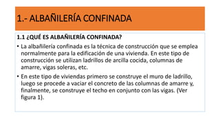 1.- ALBAÑILERÍA CONFINADA
1.1 ¿QUÉ ES ALBAÑILERÍA CONFINADA?
• La albañilería confinada es la técnica de construcción que se emplea
normalmente para la edificación de una vivienda. En este tipo de
construcción se utilizan ladrillos de arcilla cocida, columnas de
amarre, vigas soleras, etc.
• En este tipo de viviendas primero se construye el muro de ladrillo,
luego se procede a vaciar el concreto de las columnas de amarre y,
finalmente, se construye el techo en conjunto con las vigas. (Ver
figura 1).
 
