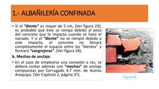 • Si el “diente” es mayor de 5 cm, (Ver figura 23),
es probable que éste se rompa debido al peso
del concreto que lo impacta cuando se hace el
vaciado. Y si el “diente” no se rompió debido a
este impacto, el concreto no llenará
completamente el espacio entre los “dientes” y
formará “cangrejeras”. (Ver figura 24).
b. Mechas de anclaje:
• En el caso de emplearse una conexión a ras, se
deberá contar además con “mechas” de anclaje
compuestas por Corrugado 4.7 mm. de Aceros
Arequipa. (Ver Capítulo 2, página 37).
1.- ALBAÑILERÍA CONFINADA
Figura 24
 