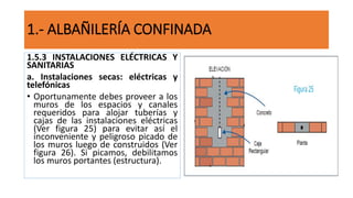 1.5.3 INSTALACIONES ELÉCTRICAS Y
SANITARIAS
a. Instalaciones secas: eléctricas y
telefónicas
• Oportunamente debes proveer a los
muros de los espacios y canales
requeridos para alojar tuberías y
cajas de las instalaciones eléctricas
(Ver figura 25) para evitar así el
inconveniente y peligroso picado de
los muros luego de construidos (Ver
figura 26). Si picamos, debilitamos
los muros portantes (estructura).
1.- ALBAÑILERÍA CONFINADA
 
