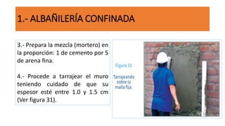 1.- ALBAÑILERÍA CONFINADA
3.- Prepara la mezcla (mortero) en
la proporción: 1 de cemento por 5
de arena fina.
4.- Procede a tarrajear el muro
teniendo cuidado de que su
espesor esté entre 1.0 y 1.5 cm
(Ver figura 31).
 