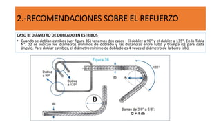 2.-RECOMENDACIONES SOBRE EL REFUERZO
CASO B: DIÁMETRO DE DOBLADO EN ESTRIBOS
• Cuando se doblan estribos (ver figura 36) tenemos dos casos : El doblez a 90° y el doblez a 135°. En la Tabla
N°. 02 se indican los diámetros mínimos de doblado y las distancias entre tubo y trampa (L) para cada
ángulo. Para doblar estribos, el diámetro mínimo de doblado es 4 veces el diámetro de la barra (db).
 