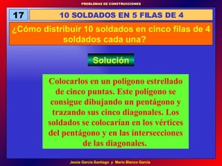 17 10 SOLDADOS EN 5 FILAS DE 4 ¿Cómo distribuir 10 soldados en cinco filas de 4 soldados cada una?   Solución Colocarlos en un polígono estrellado de cinco puntas. Este polígono se consigue dibujando un pentágono y trazando sus cinco diagonales. Los soldados se colocarían en los vértices del pentágono y en las intersecciones de las diagonales.   