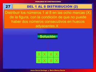 DEL 1 AL 8 DISTRIBUCIÓN (2) 27 Distribuir los números 1 al 8 en las ocho marcas (X) de la figura, con la condición de que no puede haber dos números consecutivos en huecos adyacentes.X  Solución X  X X X X X X X 