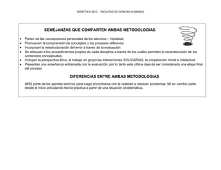 DIDACTICA 2012 - FACULTAD DE CIENCIAS HUMANAS




                SEMEJANZAS QUE COMPARTEN AMBAS METODOLOGIAS

•   Parten de las concepciones personales de los alumnos – hipótesis
•   Promueven la comprensión de conceptos y los procesos reflexivos
•   Incorporan la reestructuración del error a través de la evaluación
•   Se adecuan a los procedimientos propios de cada disciplina a través de los cuales permiten la reconstrucción de los
    contenidos conceptuales.
•   Incluyen la perspectiva ética, el trabajo en grupo las interacciones SOLIDARIAS, la cooperación moral e intelectual
•   Presentan una enseñanza entramada con la evaluación, por lo tanto esta última deja de ser considerada una etapa final
    del proceso

                                 DIFERENCIAS ENTRE AMBAS METODOLOGIAS
    MRS parte de los aportes teóricos para luego encontrarse con la realidad a resolver problemas. MI en cambio parte
    desde el inicio articulando teoría-practica a partir de una situación problemática.
 