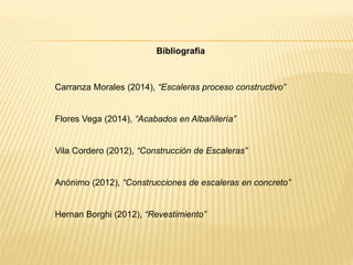 Bibliografía
Carranza Morales (2014), “Escaleras proceso constructivo”
Flores Vega (2014), “Acabados en Albañilería”
Vila Cordero (2012), “Construcción de Escaleras”
Anónimo (2012), “Construcciones de escaleras en concreto”
Hernan Borghi (2012), “Revestimiento”
 