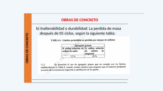 OBRAS
DE
CONCRETO
OBRAS DE CONCRETO
b) Inalterabilidad o durabilidad: La perdida de masa
después de 05 ciclos, según la siguiente tabla:
 