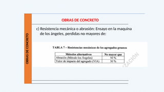 OBRAS
DE
CONCRETO
OBRAS DE CONCRETO
c) Resistencia mecánica o abrasión: Ensayo en la maquina
de los ángeles, perdidas no mayores de:
 