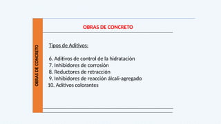 OBRAS
DE
CONCRETO
OBRAS DE CONCRETO
Tipos de Aditivos:
6. Aditivos de control de la hidratación
7. Inhibidores de corrosión
8. Reductores de retracción
9. Inhibidores de reacción álcali-agregado
10. Aditivos colorantes
 