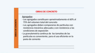 OBRAS
DE
CONCRETO
OBRAS DE CONCRETO
Agregados:
- Los agregados constituyen aproximadamente el 60% al
75% del volumen total del concreto
- Los agregados deben componerse de partículas con
resistencia mecánica adecuada y con resistencia a las
condiciones de exposición
- La granulometría continua de los tamaños de las
partículas es conveniente, para el uso eficiente en la
pasta de cemento
 