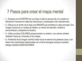 7 Pasos para crear el mapa mental
• 1.- Empieza en el CENTRO de una hoja en blanco porque da a tu cerebro la
  libertad de moverse en todas las direcciones y expresarse más naturalmente.
• 2.- Dibuja en el centro de la hoja una IMAGEN que simbolice tu idea principal. Una
  imagen central es un núcleo de interés, un centro de atención, facilita la
  concentración y despierta el cerebro.
• 3.- Utiliza muchos COLORES porque excitan tu cerebro. Los colores añaden
  vitalidad, frescura y diversión a los mapas.
• 4.- Partiendo de la imagen central irradia hacia el exterior las palabras clave y las
  ideas más importantes relacionadas con el tema escogido porque el cerebro
  trabaja mediante ASOCIACIONES.
 