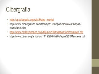 Cibergrafía
• http://es.wikipedia.org/wiki/Mapa_mental
• http://www.monografias.com/trabajos15/mapas-mentales/mapas-
  mentales.shtml
• http://www.entrevolcanes.es/pdf/junio2008/Mapas%20mentales.pdf
• http://www.cipes.org/articulos/1415%20-%20Mapas%20Mentales.pdf
 