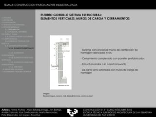 ESTUDIO GORDILLO SISTEMA ESTRUCTURAL: ELEMENTOS VERTICALES_MUROS DE CARGA Y CERRAMIENTOS 1. HISTORIA 2. DEFINICIÓN 3. CLASIFICACIÓN 4. VENTAJAS Y DESVENTAJAS 5. ESTUDIO GORDILLO 5.1.  DESCRIPCIÓN  5.2. SITUACIÓN,  ENTORNO CULTURAL Y  CLIMA  5..3. CONSECUENCIAS CULTURALES Y CLIMATOLÓGICAS  5.4. EXIJENCIAS TÉCNICAS Y DE ESTÉTICA  5..5. SISTEMA ESTRUCTURAL   5..5.1. ELEMENTOS BERTIKALES  5..5.2. ELEMENTOS HORIZONTALES 5. 5.3.  ELEMENTOS BEGETALES VERTICALES 5. 5.4. ELEMENTOS VEGETALES HORIZONTALES 5. 5.5. VENTANAS  6. MEDIATEKA EN SENDAI 7. VELODROMO Y PISCINA EN BERLIN Autores:  Nerea Atutxa,  Aitzol Bizkarguenaga, Jon Borrajo, Ander Enziondo, Ibai Esteibarlanda, Marta Fernandez,  Patxi Etxeandia, Jon Lopez, Aroa Ruiz Imagen: Revista Croquis, número 118, Abalos&Herreros, cero9, no.mad Sistema convencional: muros de contención de hormigón fabricados in-situ  Cerramiento completado con paneles prefabricados Estructura similar a la casa Farnsworth La parte semi-soterrada con muros de carga de hormigón TEMA 8: CONSTRUCCION PARCIALMENTE INDUSTRIALIZADA CONSTRUCCIÓN III  5 º CURSO AÑO 2.009-2.010 ESCUELA TÉCNICA SUPERIOR DE ARQUITECTURA DE SAN SEBASTIAN  UNIVERSIDAD DEL PAÍS VASCO 