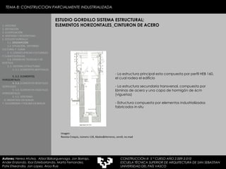 ESTUDIO GORDILLO SISTEMA ESTRUCTURAL: ELEMENTOS HORIZONTALES_CINTURON DE ACERO 1. HISTORIA 2. DEFINICIÓN 3. CLASIFICACIÓN 4. VENTAJAS Y DESVENTAJAS 5. ESTUDIO GORDILLO 5.1.  DESCRIPCIÓN  5.2. SITUACIÓN,  ENTORNO CULTURAL Y  CLIMA  5..3. CONSECUENCIAS CULTURALES Y CLIMATOLÓGICAS  5.4. EXIJENCIAS TÉCNICAS Y DE ESTÉTICA  5..5. SISTEMA ESTRUCTURAL   5..5.1. ELEMENTOS BERTIKALES  5..5.2. ELEMENTOS HORIZONTALES 5. 5.3.  ELEMENTOS BEGETALES VERTICALES 5. 5.4. ELEMENTOS VEGETALES HORIZONTALES 5. 5.5. VENTANAS  6. MEDIATEKA EN SENDAI 7. VELODROMO Y PISCINA EN BERLIN Autores:  Nerea Atutxa,  Aitzol Bizkarguenaga, Jon Borrajo, Ander Enziondo, Ibai Esteibarlanda, Marta Fernandez,  Patxi Etxeandia, Jon Lopez, Aroa Ruiz Imagen: Revista Croquis, número 118, Abalos&Herreros, cero9, no.mad La estructura principal esta compuesta por perfil HEB 160, el cual rodea el edificio La estructura secundaria transversal, compuesta por láminas de acero y una capa de hormigón de 6cm (viguetas) Estructura compuesta por elementos industrializados fabricados in-situ TEMA 8: CONSTRUCCION PARCIALMENTE INDUSTRIALIZADA CONSTRUCCIÓN III  5 º CURSO AÑO 2.009-2.010 ESCUELA TÉCNICA SUPERIOR DE ARQUITECTURA DE SAN SEBASTIAN  UNIVERSIDAD DEL PAÍS VASCO 