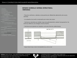 ESTUDIO GORDILLO SISTEMA ESTRUCTURAL: VENTANAS Para las ventanas, celosias compuestas por diferentes elementos de acero estruido La subestructura esta compuesta por tubos de acero Ventanas cerradas por doble capa de policarbotato celular transparente. No entra luz directa, se consigue una luz neutra - Ventanas encajadas en forjados comunes (formas adientadas) 1. HISTORIA 2. DEFINICIÓN 3. CLASIFICACIÓN 4. VENTAJAS Y DESVENTAJAS 5. ESTUDIO GORDILLO 5.1.  DESCRIPCIÓN  5.2. SITUACIÓN,  ENTORNO CULTURAL Y  CLIMA  5..3. CONSECUENCIAS CULTURALES Y CLIMATOLÓGICAS  5.4. EXIJENCIAS TÉCNICAS Y DE ESTÉTICA  5..5. SISTEMA ESTRUCTURAL   5..5.1. ELEMENTOS BERTIKALES  5..5.2. ELEMENTOS HORIZONTALES 5. 5.3.  ELEMENTOS BEGETALES VERTICALES 5. 5.4. ELEMENTOS VEGETALES HORIZONTALES 5. 5.5. VENTANAS   6. MEDIATEKA EN SENDAI 7. VELODROMO Y PISCINA EN BERLIN Autores:  Nerea Atutxa,  Aitzol Bizkarguenaga, Jon Borrajo, Ander Enziondo, Ibai Esteibarlanda, Marta Fernandez,  Patxi Etxeandia, Jon Lopez, Aroa Ruiz Imagen: Revista Croquis, número 118, Abalos&Herreros, cero9, no.mad TEMA 8: CONSTRUCCION PARCIALMENTE INDUSTRIALIZADA CONSTRUCCIÓN III  5 º CURSO AÑO 2.009-2.010 ESCUELA TÉCNICA SUPERIOR DE ARQUITECTURA DE SAN SEBASTIAN  UNIVERSIDAD DEL PAÍS VASCO 